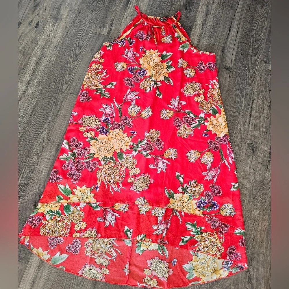 Womens 2X Floral Halter Dress Red Sleeveless High Low Summer Party Spring Summer